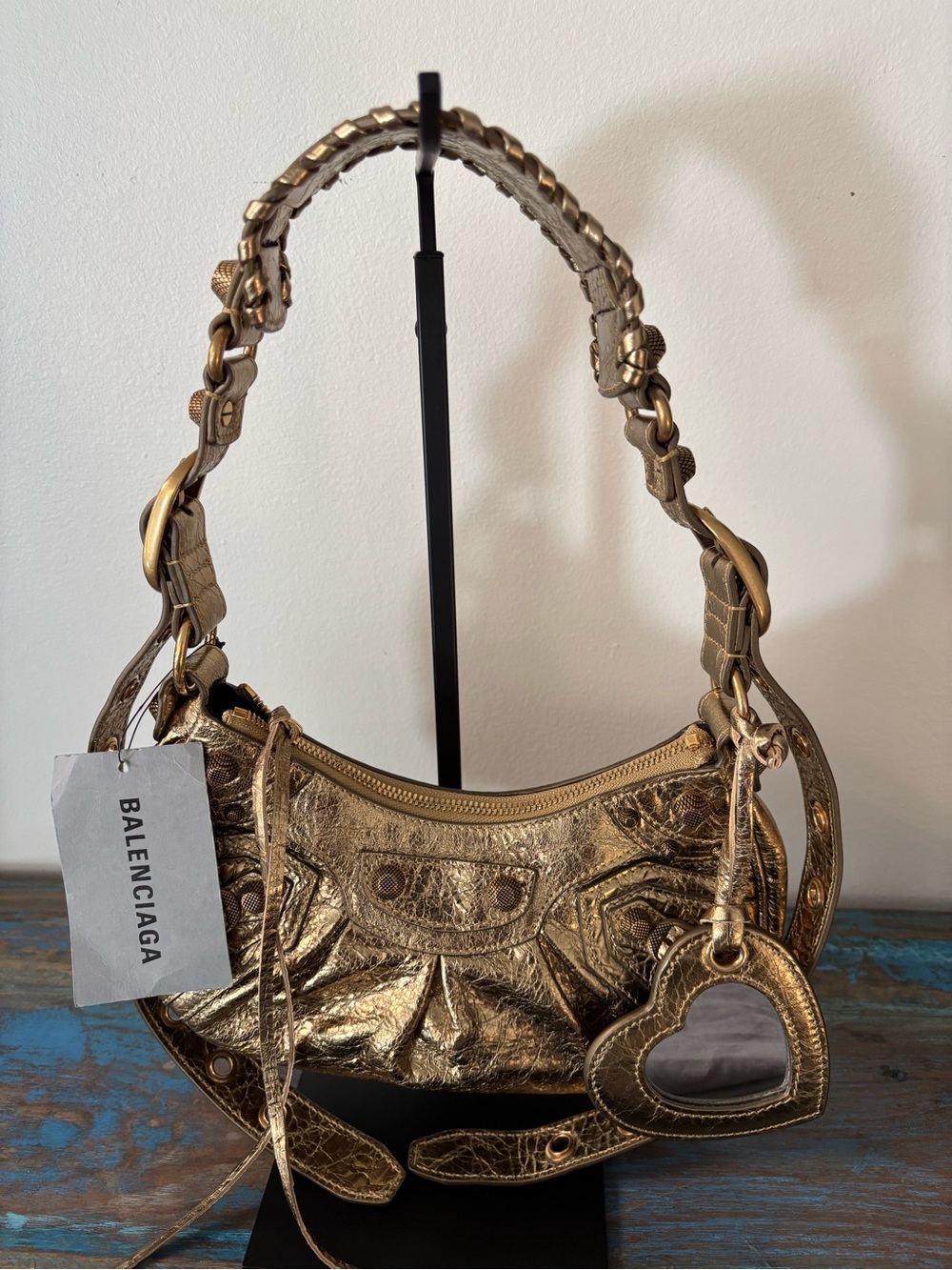 Balenciaga Metallic Gold Braided-Handle Shoulder Bag with Heart Mirror Charm